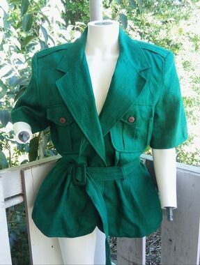 Vintage 80s Cargo Utility Belted Linen Green  Short Sleeves Jacket Top
